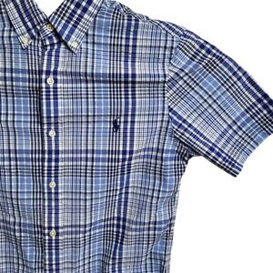 Ralph Lauren Men Small Slim Fit Plaid Short Sleeve Button Down Shirt Blue White